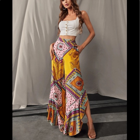 Boho Bohemian Gypsy Floral Paisley Print Slit wide Leg Pants - Picture 2 of 9